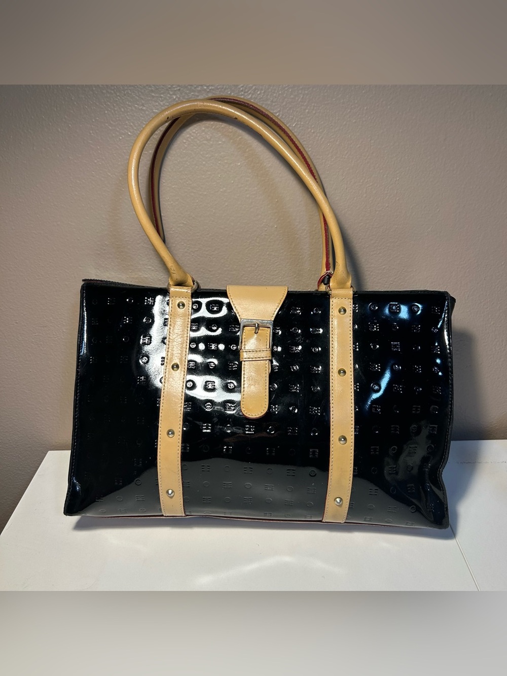 Arcadia Black Double Handle Tote Shoulder Bag Patent Leather work bag